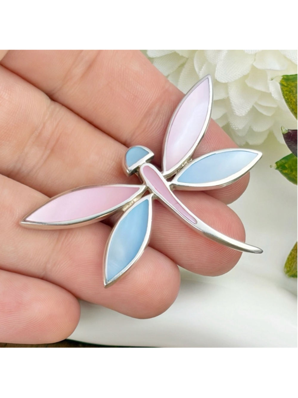 Sterling Silver 925 Vintage Dragonfly Butterfly Pendant Mother of Pearl Inlay